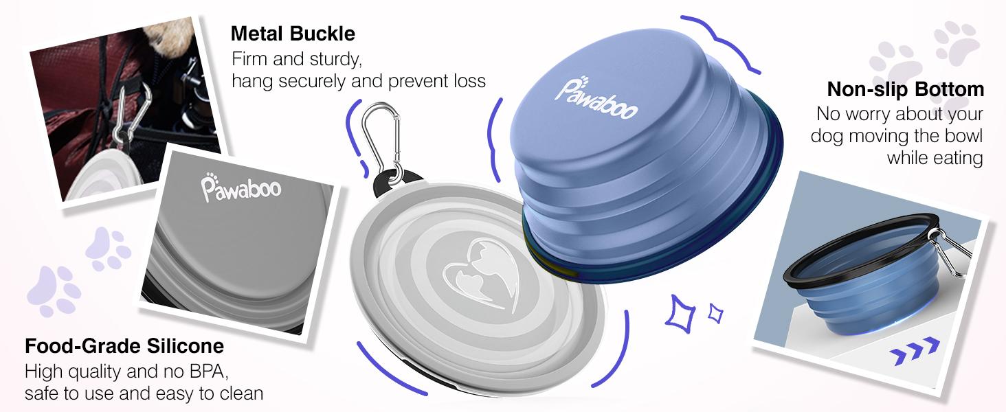 Pawaboo 2-Pack Collapsible Dog Bowls – Portable Silicone Food & Water Set with Lids & Clips
