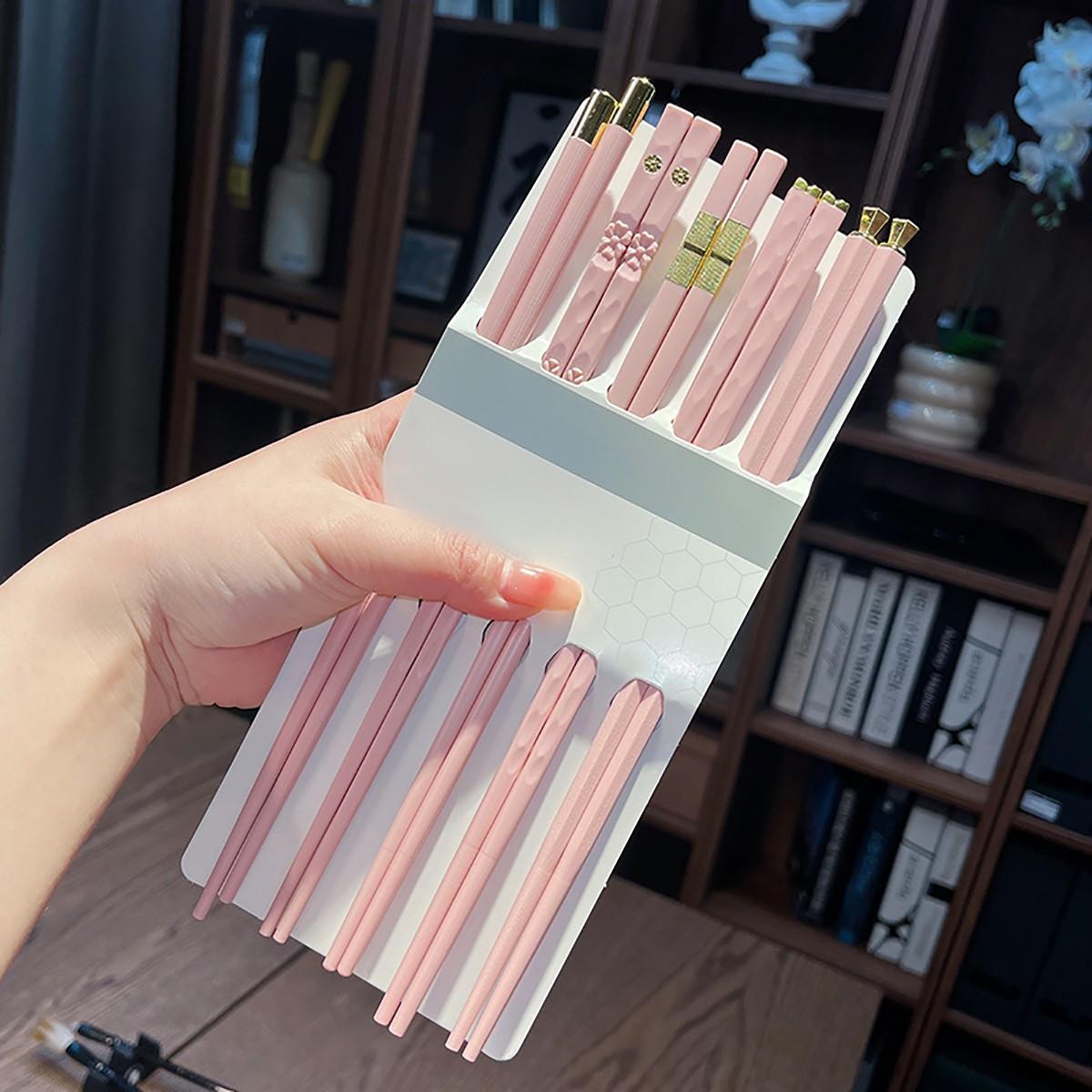 5Pairs Pink Anti-Slip Durable Sushi Chopsticks, Pet and Glass Fiber Synthetic, for 5 People, Perfect for Holiday Parties Wedding Hotel Restaurant Gifts