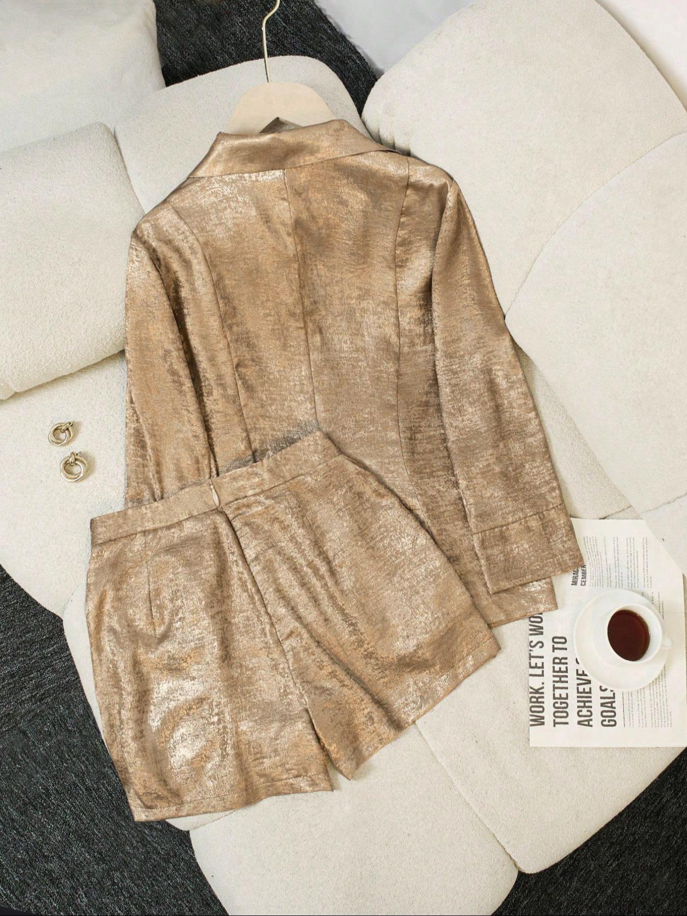 Two-Piece Set Women's Solid Color Blazer & Shorts, Casual Outerwear & Shorts for Daily Wear, Ladies Clothes for Summer Suits