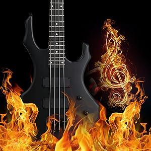 Ktaxon 44in Electric Bass Guitar Full Size Flame Design Bass Set with 20 Watt Amplifier, Portable Bass Bag, Superior Amp Wire, Adjustable Guitar Strap, Plectrum, Wrench Tool(Matte Black)