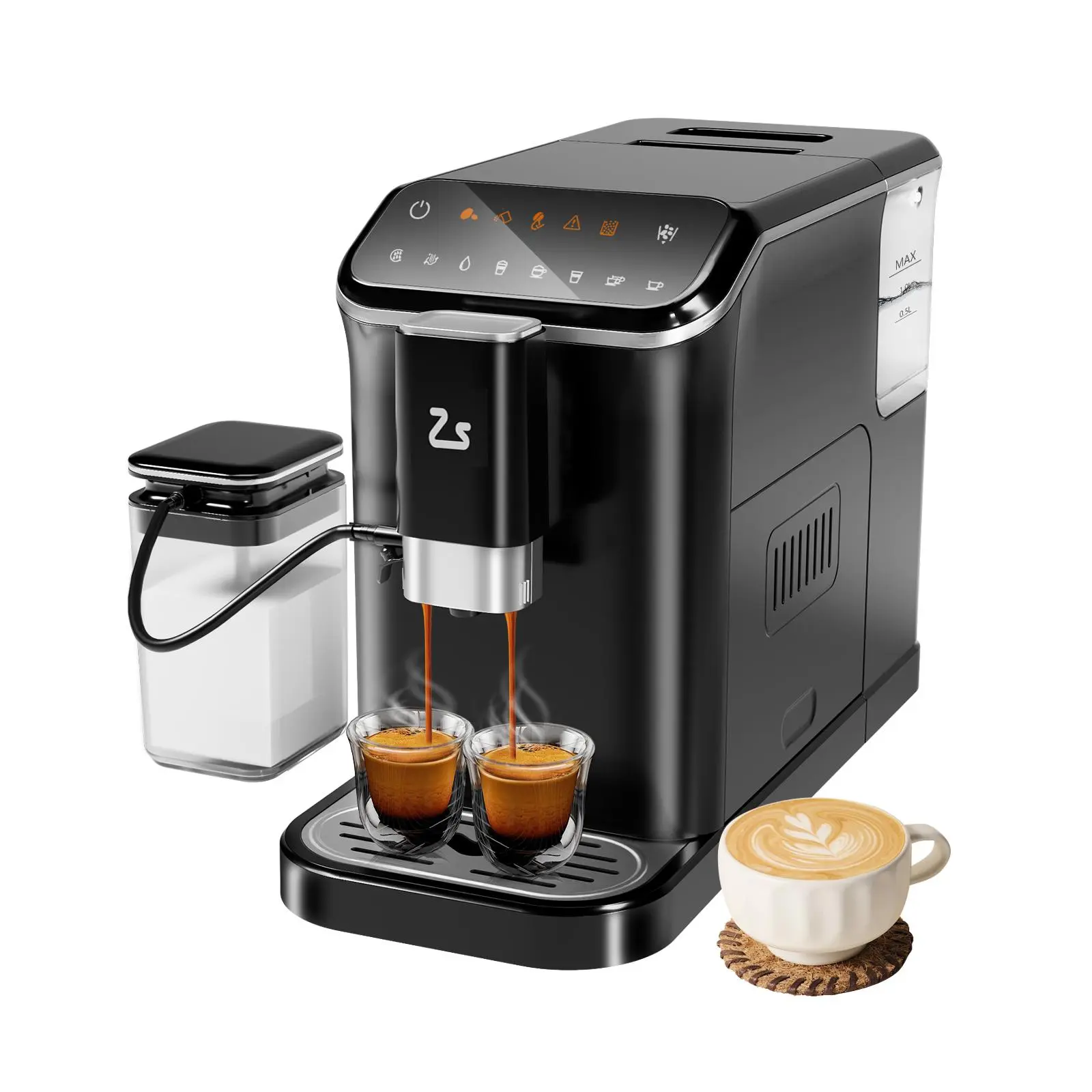 Fully Automatic Espresso Machine, Automatic Espresso & Coffee Machine with Automatic Milk Frother for Latte, Cappuccino, Iced Coffee, Built-In Grinder