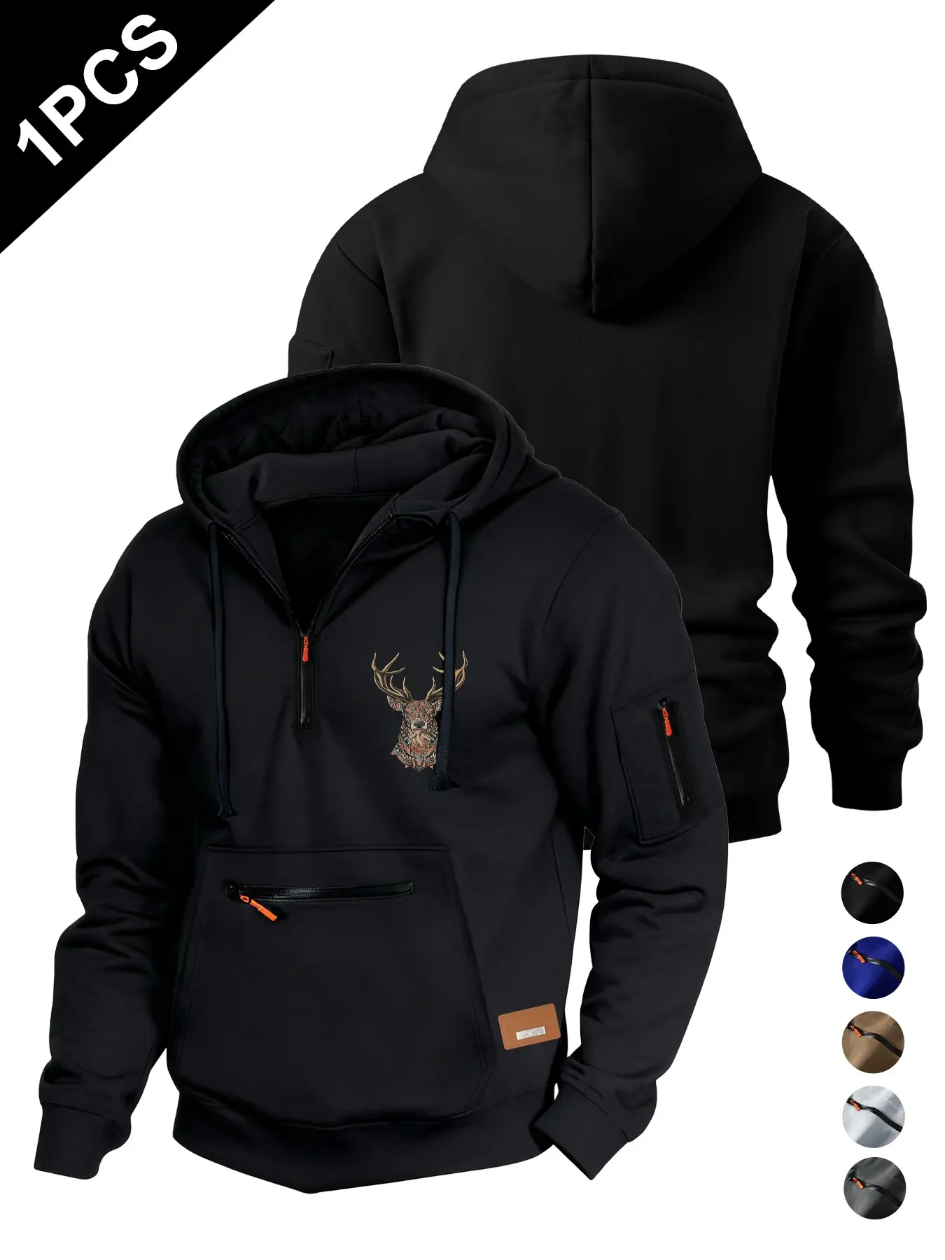 Men's Fall Winter Half-Zip Hoodie, Ethnic Deer Print, Fitted Long Sleeve, Multiple Zip Pockets, Comfortable and Durable, Perfect Gift