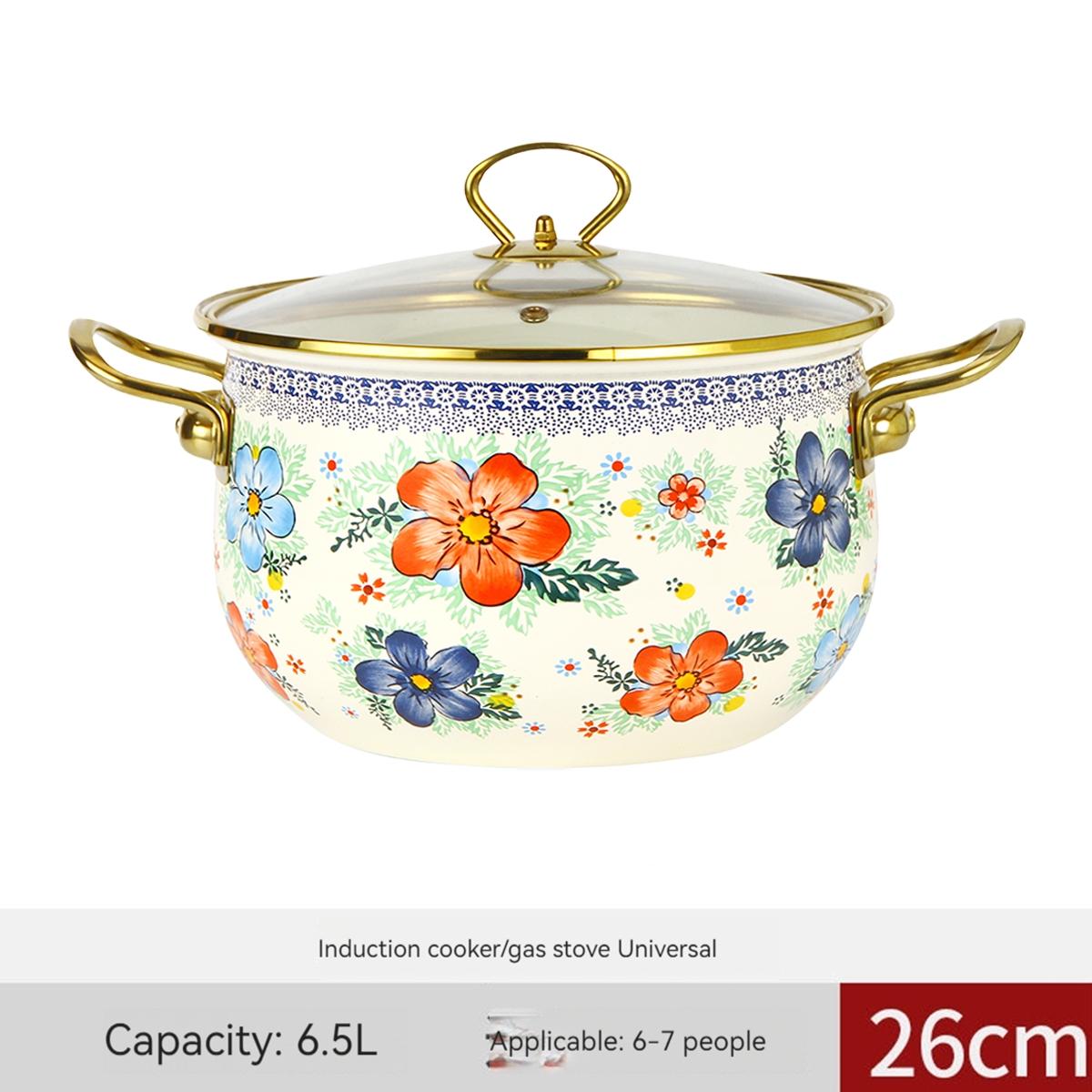 Flower Pattern Stockpot with Lid, Ceramic Soup Pot with Handle, Large Capacity Cooking Pot for Home Kitchen, Double Ear Design