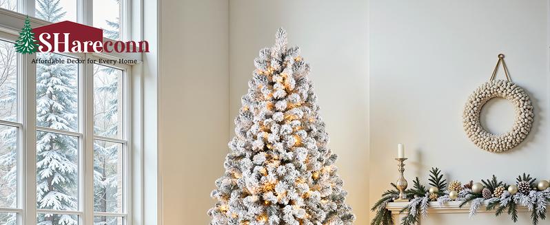 4/5/6/7.5/9FT Pre-Lit Snow Flocked Christmas Tree with Warm White Lights & Foldable Stand – Perfect for Holiday, Home & Party Decoration
