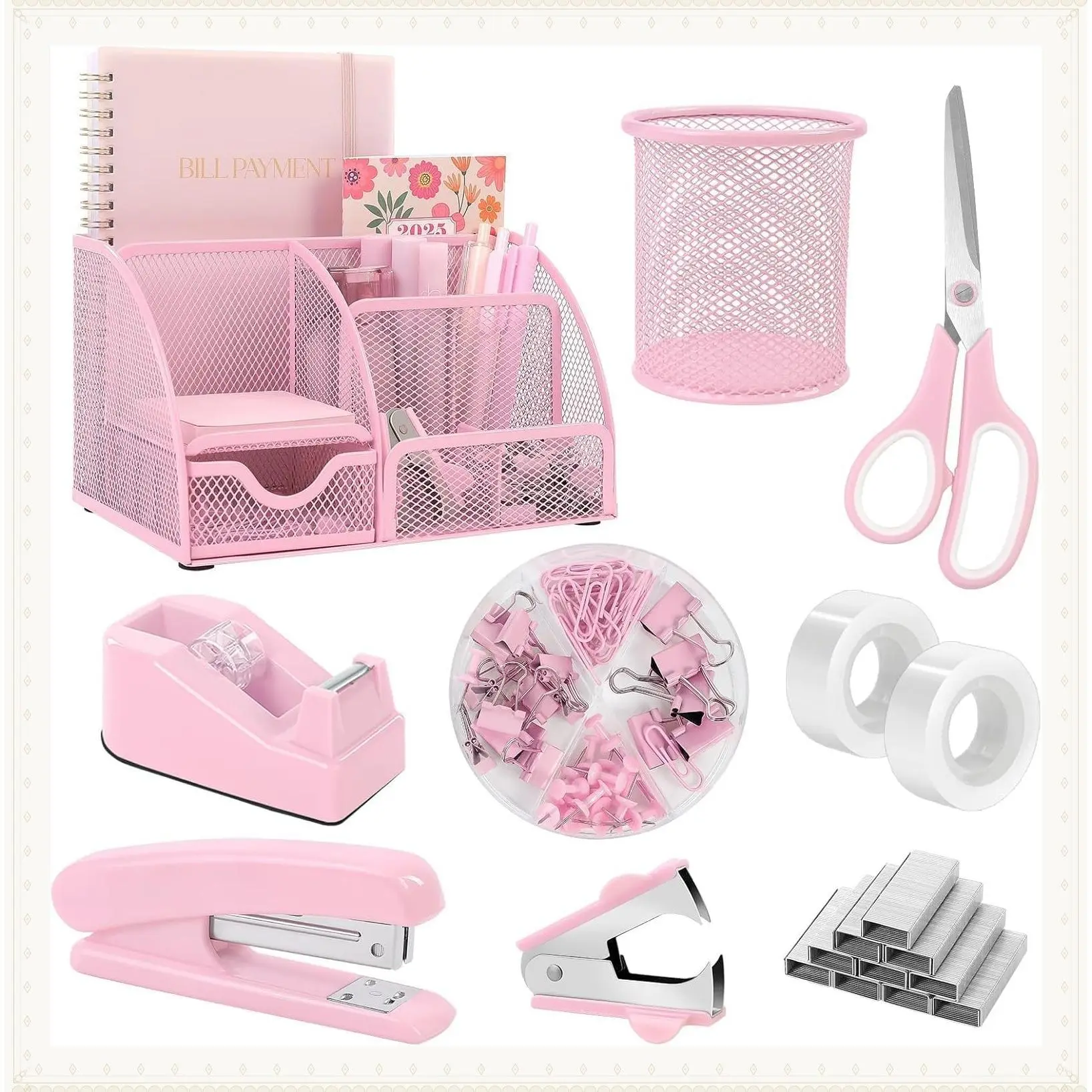 Pink Desk Accessories, Pink Office Supplies Set | Mesh Desk Organizer, Stapler, Tape Dispenser, Scissors, Binder/Paper Clips and 1000pcs Staples, Desk Organizer for WomenGift
