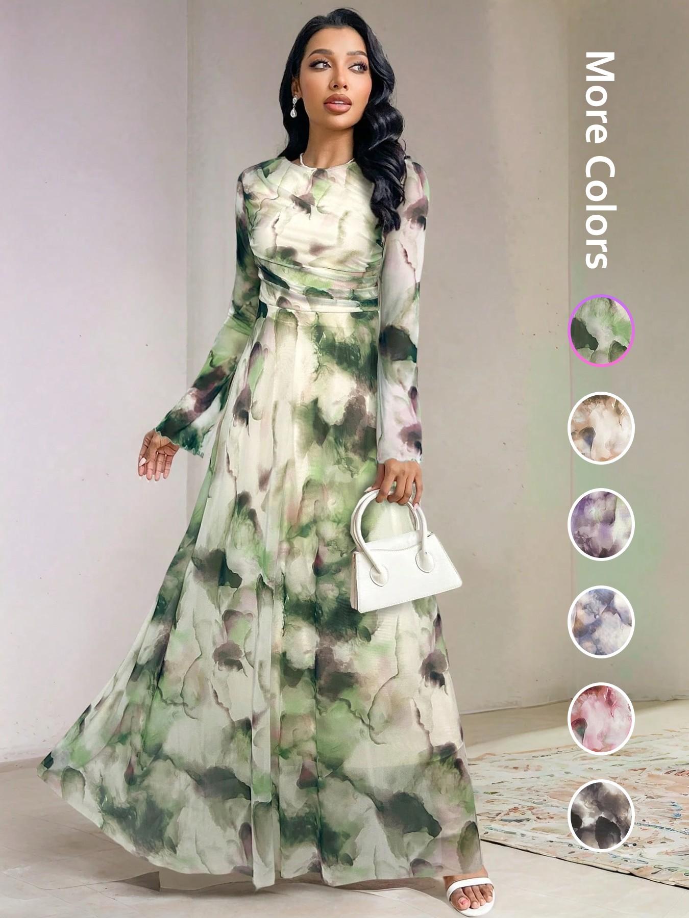 Elegant Women's Tie-Dye Print Long Sleeve Round Neck Maxi Dress, Party Wear Formal Gown, Ladies Fashionable Chic Evening Dresses