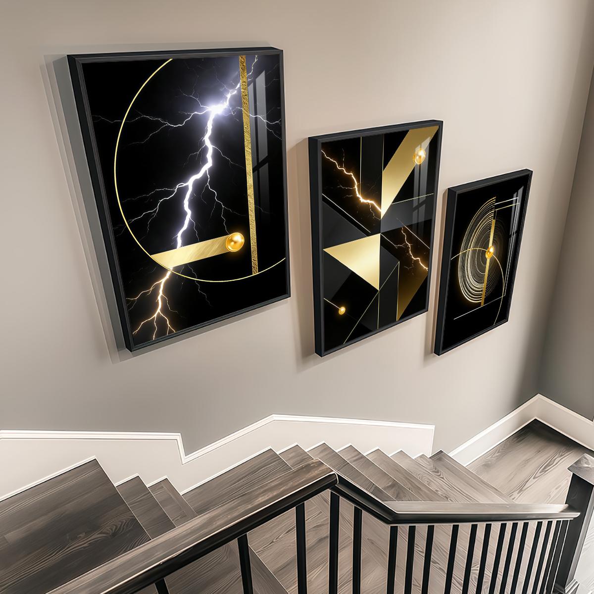 3 Counts Aluminum Alloy Framed Painting, Abstract Golden Geometric Lightning Art Pictures, Home Decoration For Living Room, Bedroom, Office, Restaurant, Hallway Wall Decor, Odorless Print Artwork, Luxury Perfect Gift For Friends And Family