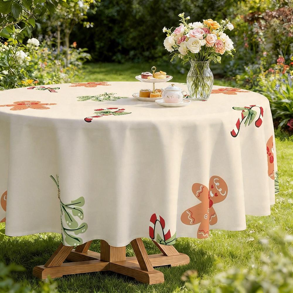 Christmas Gingerbread Man Tablecloth, 2D Flat Print, Polyester, 120g/m², Round, Kitchen Restaurant Decor, Party Gift, Hotel Home Use