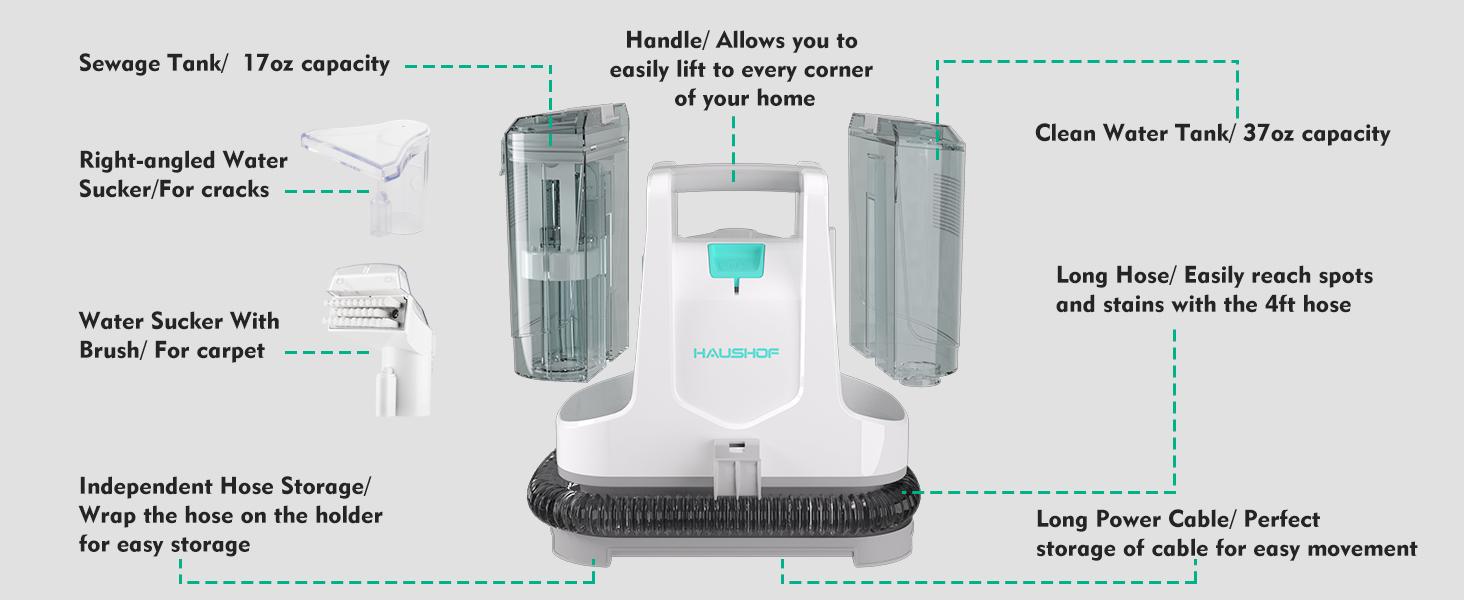 HAUSHOF Portable Carpet Spot and Upholstery Cleaner, Lightweight Handheld Deep Cleaner Machine for Pet Stains, Sofa, Rug, Mattress, Car Seat and Curtain, White & Light Grey