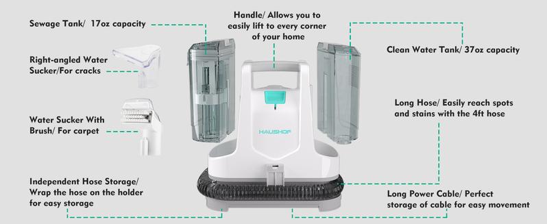 HAUSHOF Portable Carpet Spot and Upholstery Cleaner, Lightweight Handheld Deep Cleaner Machine for Pet Stains, Sofa, Rug, Mattress, Car Seat and Curtain, White & Light Grey
