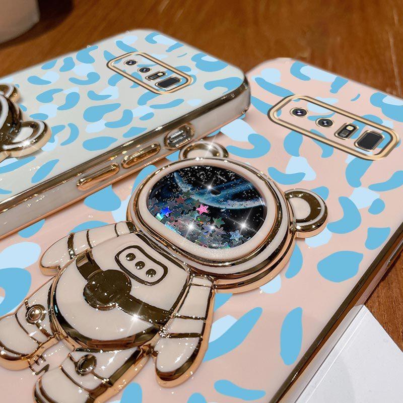Note 8 Fashion Series Pearl Strap Lanyard Phone Holder Case For Compatible With Samsung Galaxy Note 8 Plating Cover and Elegant Blue Luxury Leopard Print Little Bear Protector Cases