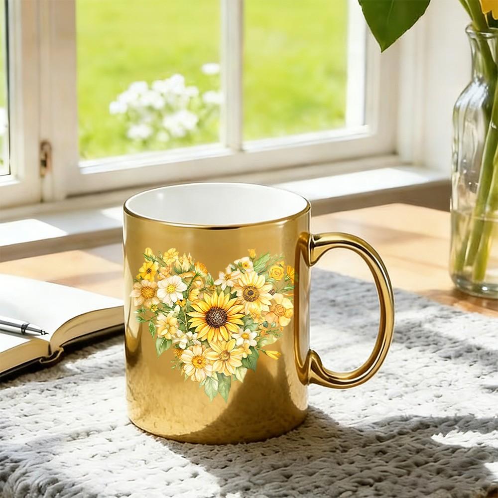 Sunflower Heart Gold Ceramic Coffee Mug, 11oz Shiny Metallic Gold Floral Tea Cup, Unique Birthday Mothers Day Gifts for Women Mom Wife Sister Friend, Sunflower Lover Gifts for Coffee Tea Lovers, Home Office Decor