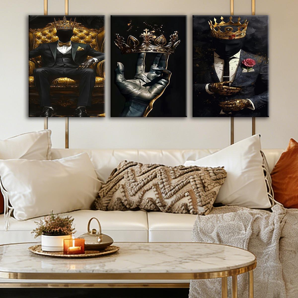 3 Counts Wooden Framed Canvas Painting, Golden Crown King Abstract Art Images, Exquisite Poster, Perfect Living Room Decoration, Modern Home Decor, Modern Art, Fashion Family Poster, Wall Art Decoration, Waterproof Art, Abstract Design