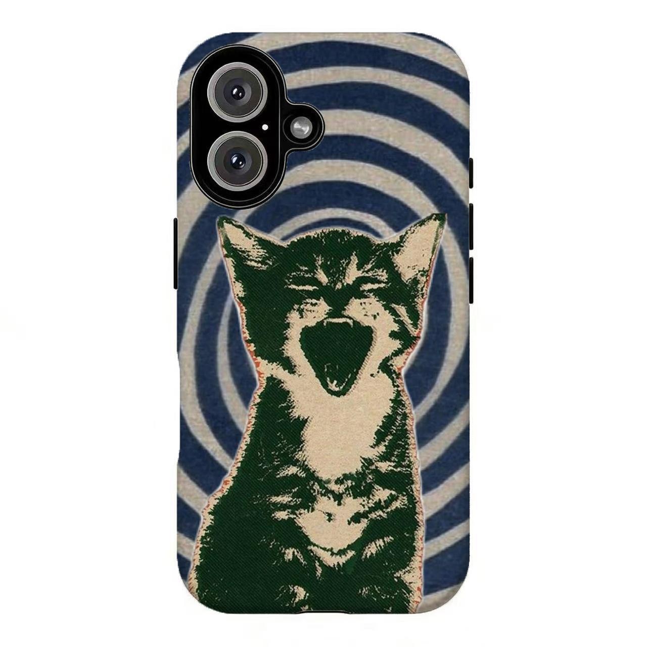 FL-Retro Screaming Cat Phone Case,Vintage Cat Phone Case,Retro Red Black Swirl Print Shockproof Cover For iPhone 11 12 13 14 15 16 17 Air Pro Max for Samsung S26 S25 S24 S23 S22 S21 Case,Gift for her/him