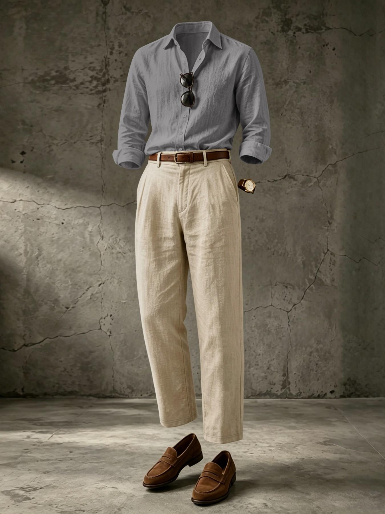 Men's Linen Set, Casual Loose-Fit Blouse and Pants, Long Sleeve Button-Down Shirt, Business Daily Wear, Formal, All Seasons