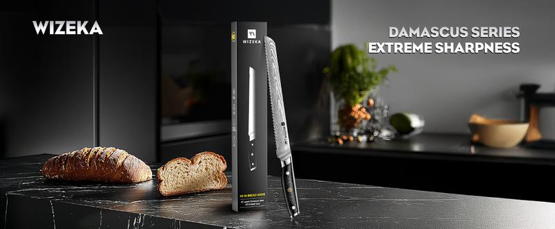 WIZEKA Damascus Serrated Bread Knife, 10 inch Bread Knife for Homemade Bread, Razor Sharp VG10 Damascus Steel Multifunction Serrated Knife for Slicing Homemade Bread, Bagels, Cake Kitchen Cutting Kitchenware Blade