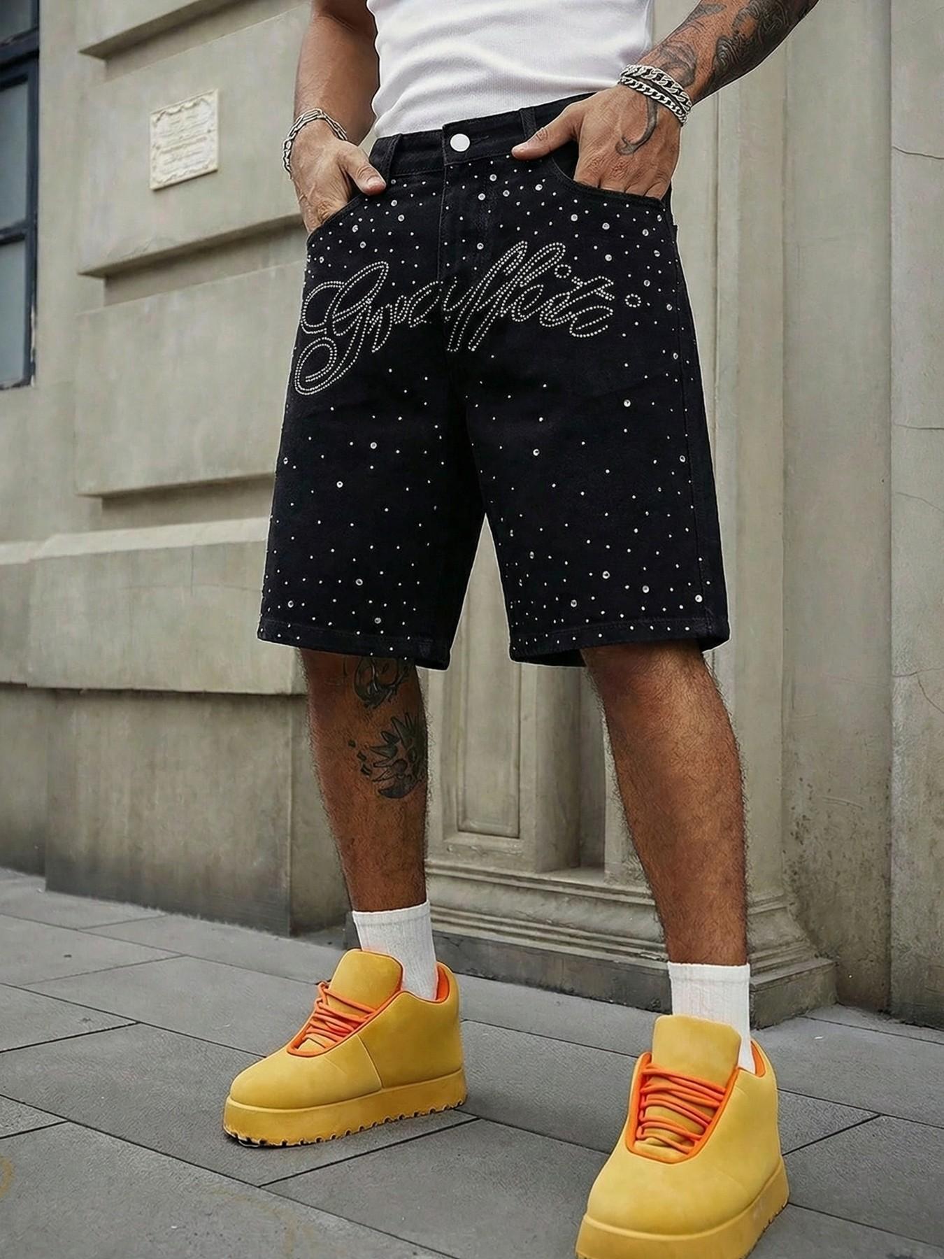 Summer Men's Rhinestone Letter Embellished Loose Fit Straight Leg Denim Shorts, Trendy American High Street Casual Five-Pocket Pants