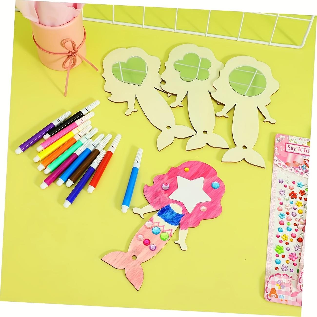 Mermaid Mirror Set Unfinished, Includes 12 Markers, DIY Mermaid Wooden Handheld Mirrors, Perfect for Party Gifts, Princess Parties, Birthdays