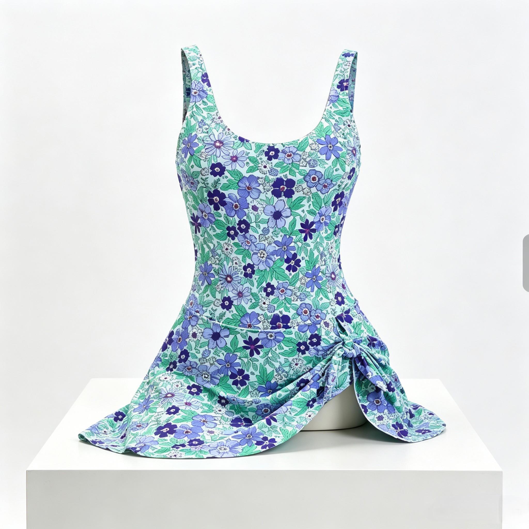 Floral Print One Piece Swim Dress for Women  Tummy Control Modest Swimsuit with Skirt, Knot Side Design, High Waisted Bathing Suit for Beach, Pool, Vacation, Summer Wear