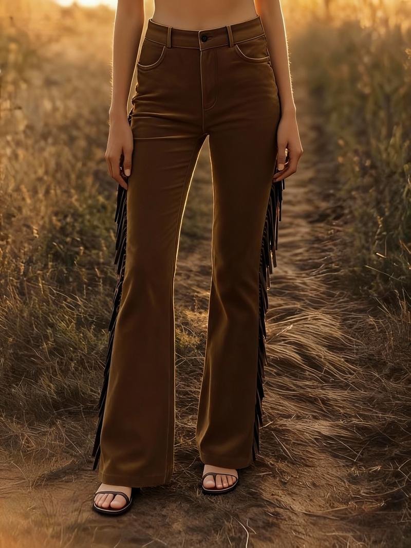 Women's Retro Western Faux Suede Bell-Bottom Pants, High Waist Fringe Flare Leggings, Casual Slim Fit, Music Festival