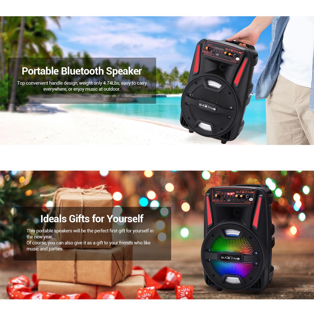 Portable Bluetooth PA Speaker Rechargeable 8” Loud Party Speaker With LED Lights FM Radio Remote Control Microphone