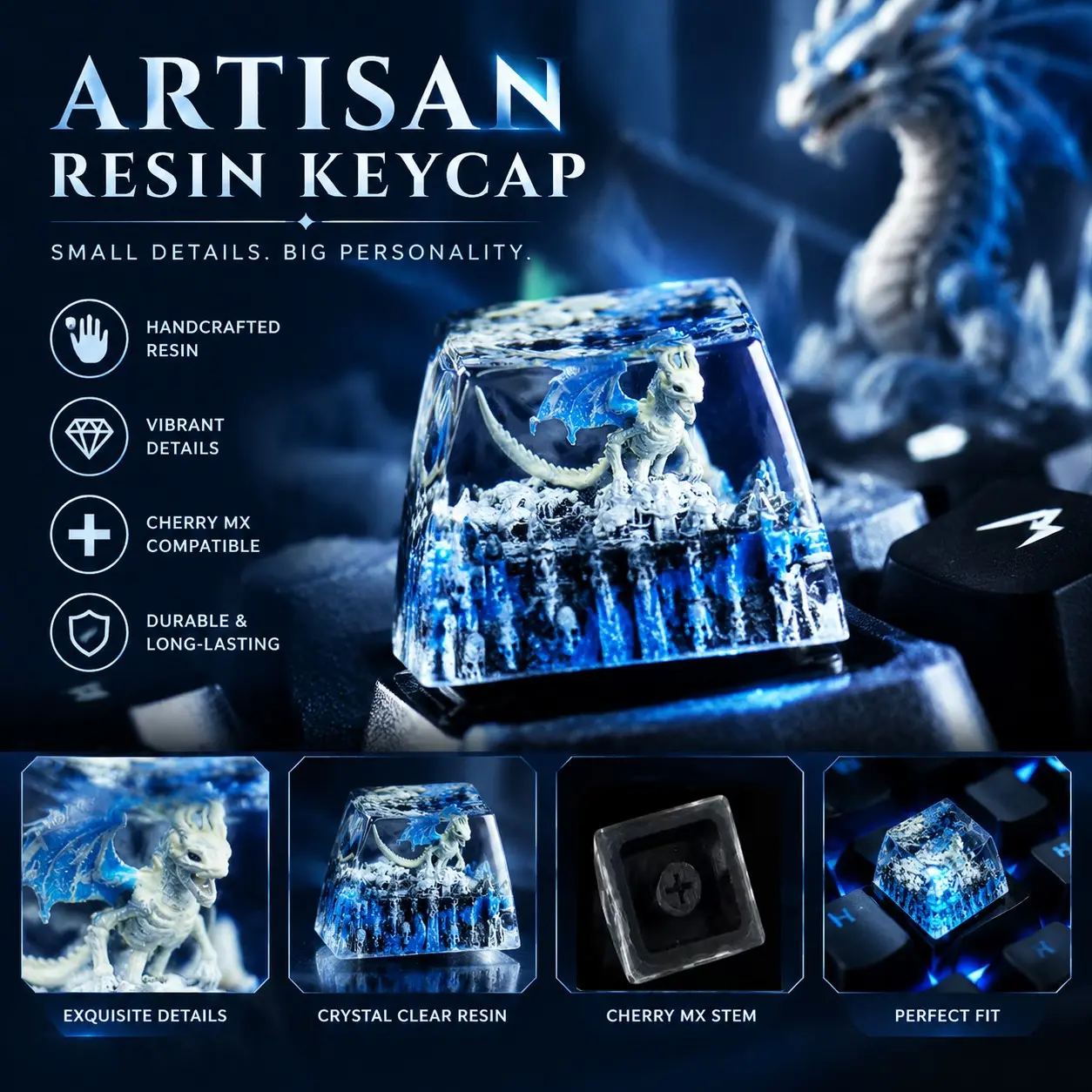 Craftsmen Keycap, Handmade Resin 1u Custom Mechanical Keyboard Esc keycap, Sepulchral Bone Dragon Design, Fits Mx Axes, Gaming Style, Unique Gift