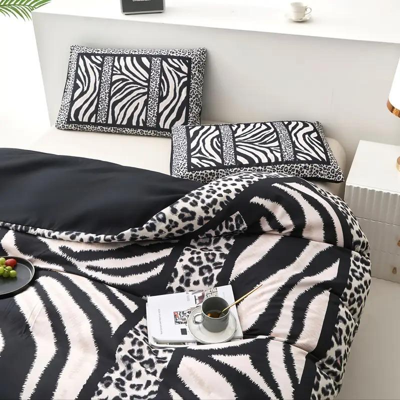3pcs Zebra Stripe Print Duvet Set, Soft Polyester Fabric, Zipper Design, Modern Style Bedding Essentials, Bedroom Must-Have