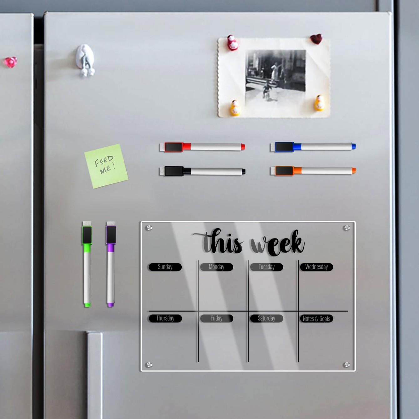 Transparent Acrylic Magnetic Refrigerator Fridge Calendar Magnetic Weekly Planner Board, Erasable Schedule Organizer, Home Memo Board with Multicolor Pens, Includes 6 Magnetic Whiteboard Pens