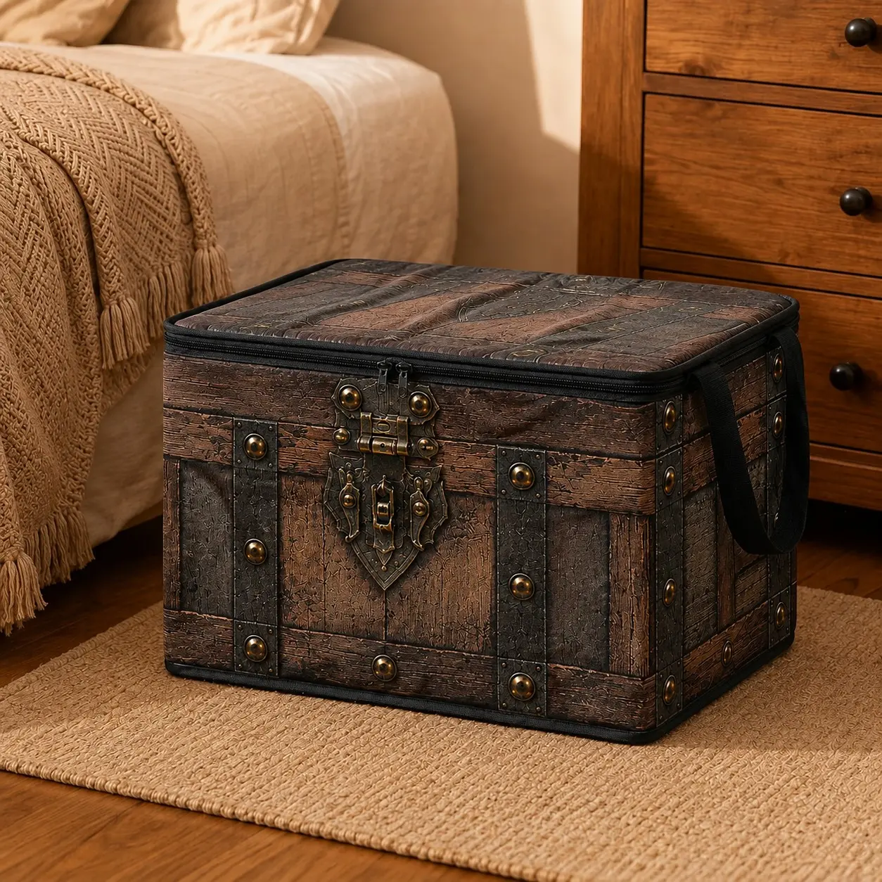 1pc Dark Retro Treasure Chest Print Storage Box, Decorative Storage Boxes With Lids, Features Distressed Locks, Rivets, Partitioned Patterns, Suitable for Organizing in Study Rooms, Living Rooms, Bedrooms, Display Areas, Can Store Photo Albums, Clothing