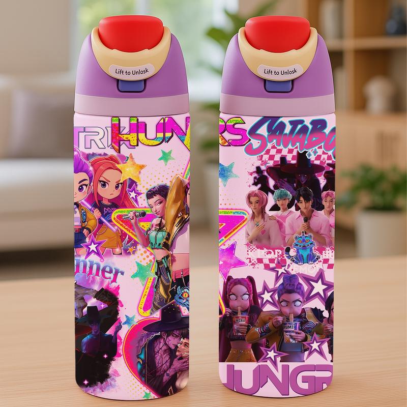 AuraCup 1pc 19/24/32oz KPop Demon Hunters Stainless Steel Tumbler, Anime Boys Comic Print, with Lid and Straw, Keep Hot 12H / Ice Drinks 24H, Great for Travel, Office, Unique Gift for music Lovers, KPop Demon Hunters, Fun Gift for Teens or Pop Culture Fan