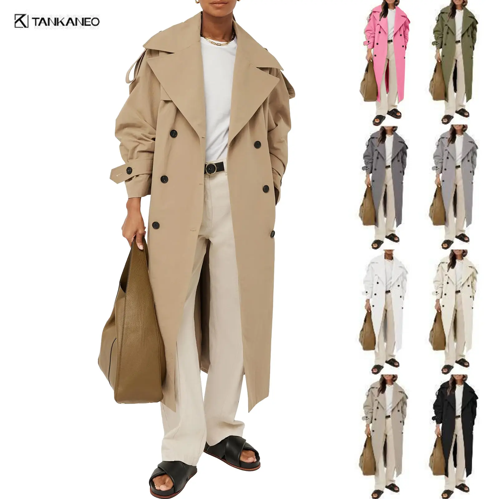 TANKANEO Women's Oversized Double-Breasted Trench Coat - Long-Sleeve Polyester Long-Length Outerwear, Basic Collar, Adjustable Belt, Relaxed Fit, Windproof, Lady Business Office Teacher Wear, Casual Elegant Spring Dates Outdoors Top