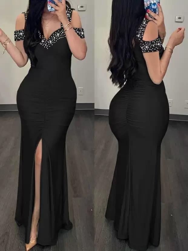 Summer Black Apricot European and American Style Elegant Hot Diamond Off-shoulder Slim High Waist Hip Slit Dress Milkmaid Dresses Evening Fabric