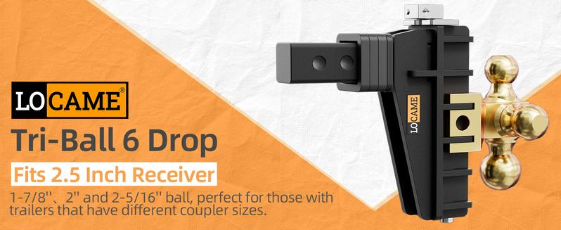 LOCAME Adjustable Trailer Hitch with Hook, Tri-Ball (1-7/8", 2", 2-5/16") Drop Hitch, Fits 2.5 Inch Receiver, 6" Drop Down Hitch, 18,500 LBS Heavy Duty Truck, Solid Ball Mount, Gold