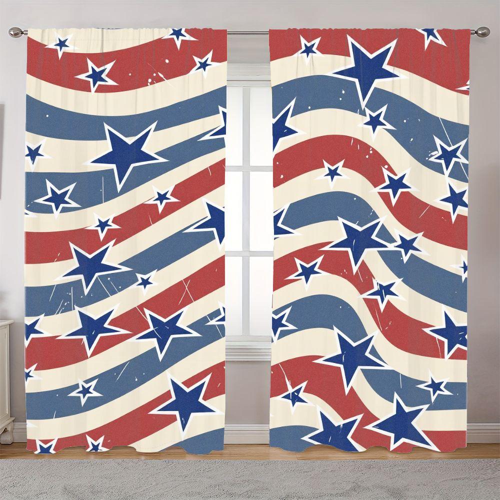 2D Flat 2-Piece Patriotic American Flag Window Curtain Set, Wavy Red White Blue Stripes with Blue Stars (Some White Outlines), Distressed Retro Pattern, Classic Stars & Stripes Design for Living Room Bedroom Decor