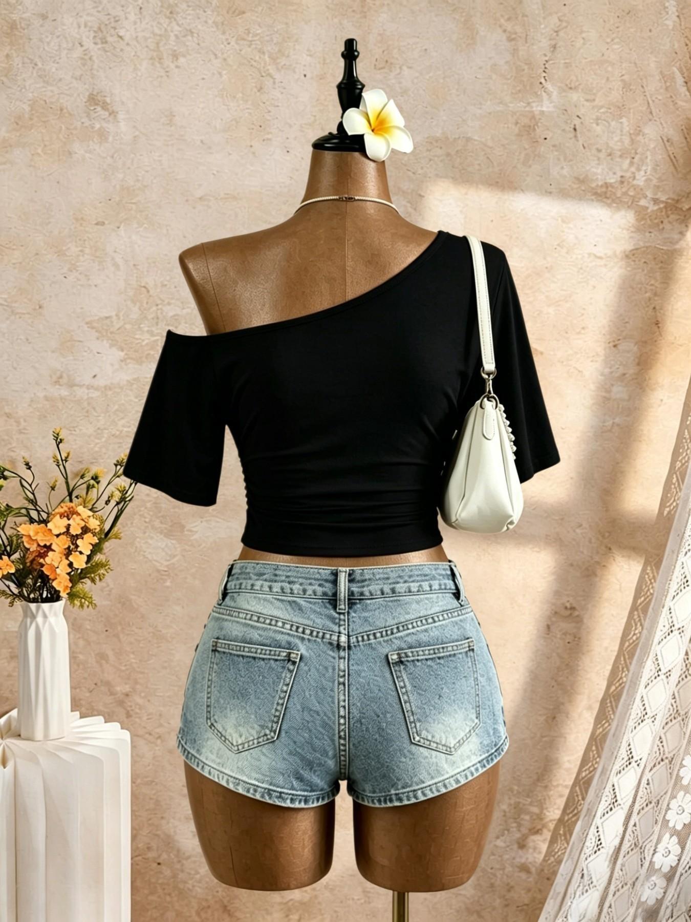3-Pack Asymmetrical Shoulder Pleated Mid- Sleeve Short T-Shirts, Streetwear Date Wear, Show Waist Slimming Top, Trendy Ladies' Clothing, Casual Chic, Casual Daily Tops