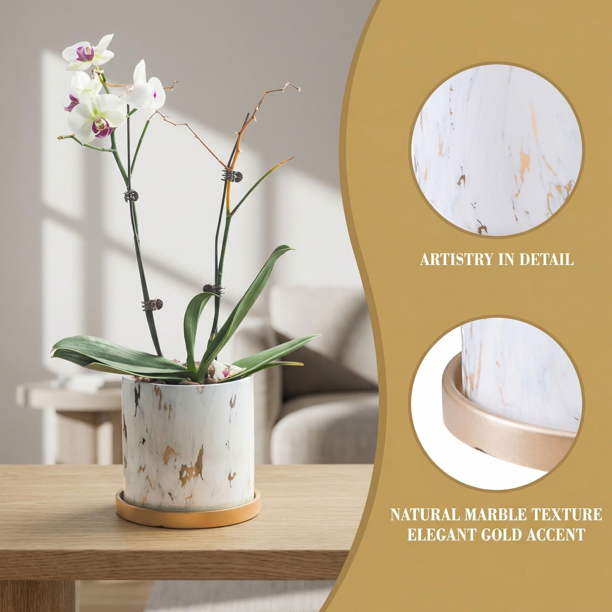 Butterfly Orchid Ceramic Small Flower Pot, Luxury High-End Marble Pattern Home Large Vase, Elegant Decorative Planter