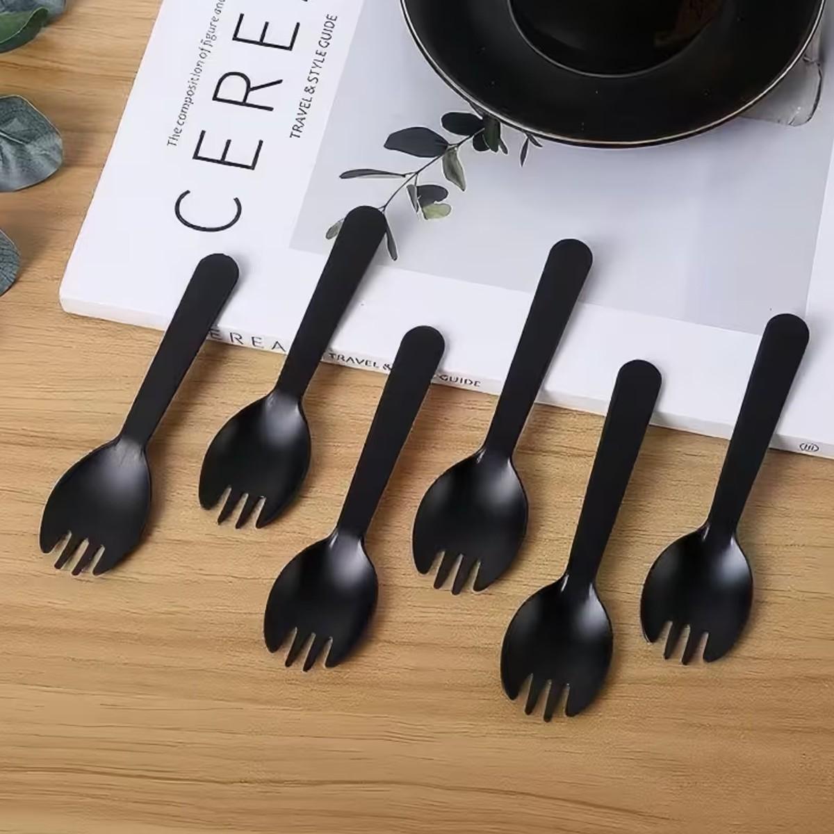 50/100/300/500pc black fork and spoon, perfect for desserts, ice cream, cakes, mousse, pudding, durian, fruit salad, etc., are the best choice for New Year, Valentine's Day, family gatherings, and outdoor camping