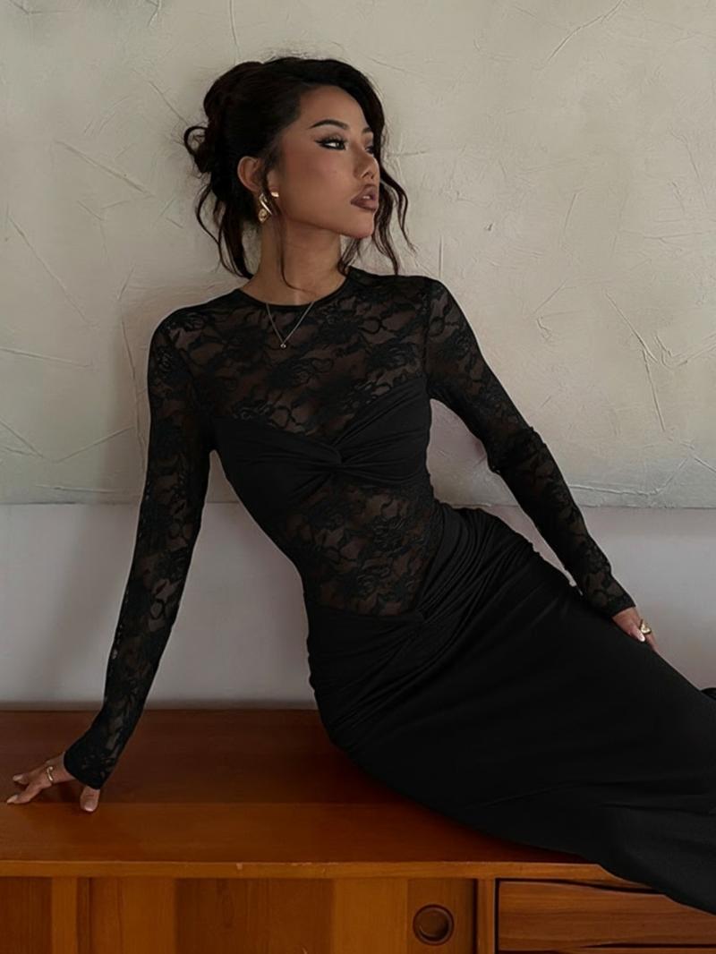 Women's Fall Winter New Long Sleeve Lace Dress, Elegant Fashion Design, Perfect for Casual & Formal Occasions, Stylish Women's Clothing