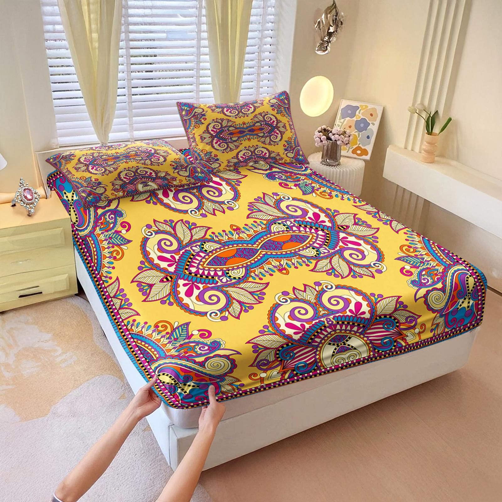 3Pcs Boho Paisley Printed Fitted Sheet Set, Vibrant Ethnic Style Bedding Set, Ultra-Soft Breathable Microfiber Bed Sheet Set, Deep Pocket All-Season Bed Linen, Ideal for Bedroom, Guest Room, Dorm Decor, Home Use