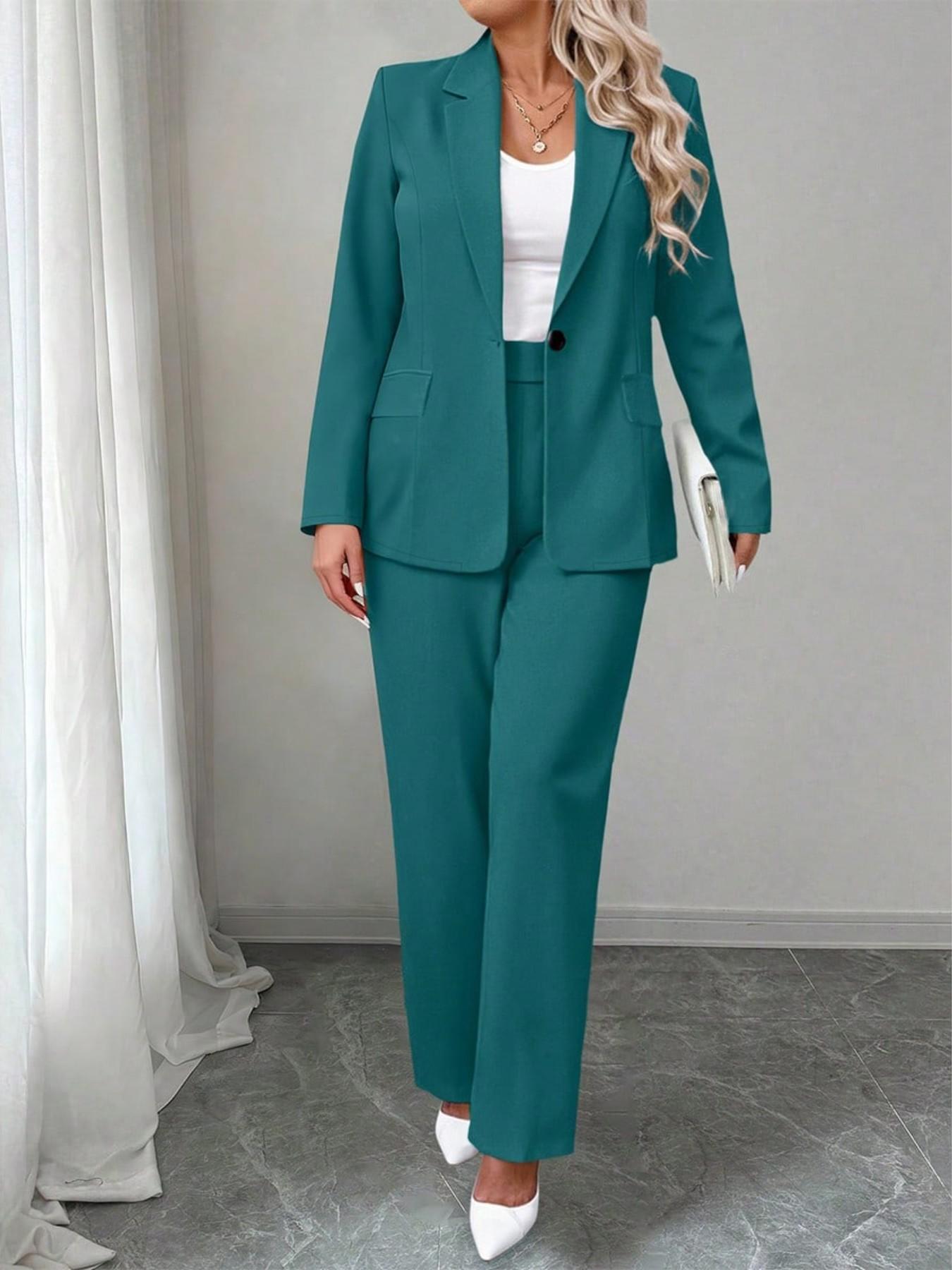Plus Size Women's Suit Set Fit, Lapel Button Blazer + High Waist Wide Leg Pants, Stretchy Comfortable Fabric, Office Casual Style