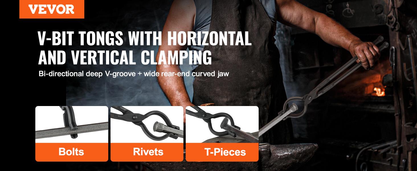 VEVOR Blacksmith Tongs, 18 V-Bit Bolt Tongs, Carbon Steel Forge Tongs with A3 Steel Rivets, for Long, Irregular, and Nail-shaped Forgings, for Beginner and Seasoned Blacksmiths and Bladesmiths
