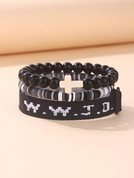 WWJD Beaded Bracelet, Fashionable Cross Charm Decor Bracelet for Women & Men, Trendy All-match & Exquisite Jewelry for Birthday Gift