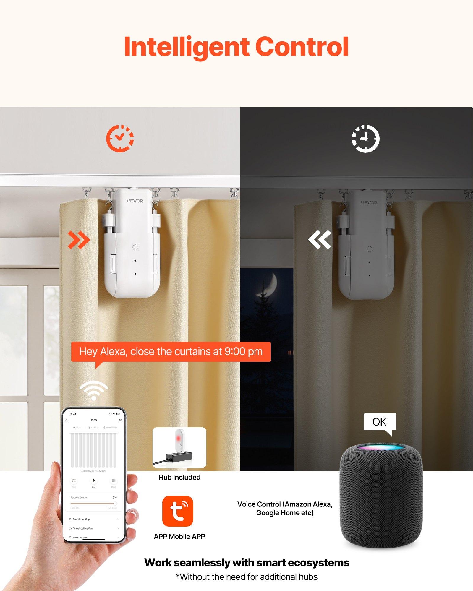 VEVOR Automatic Curtain Opener, 2 Pack, APP and Remote Control, Hub Included, Electric Smart Curtain Opener Compatible with Alexa and Google Home, Timed Opening and Closing, for Roman Rods, U/I Rails