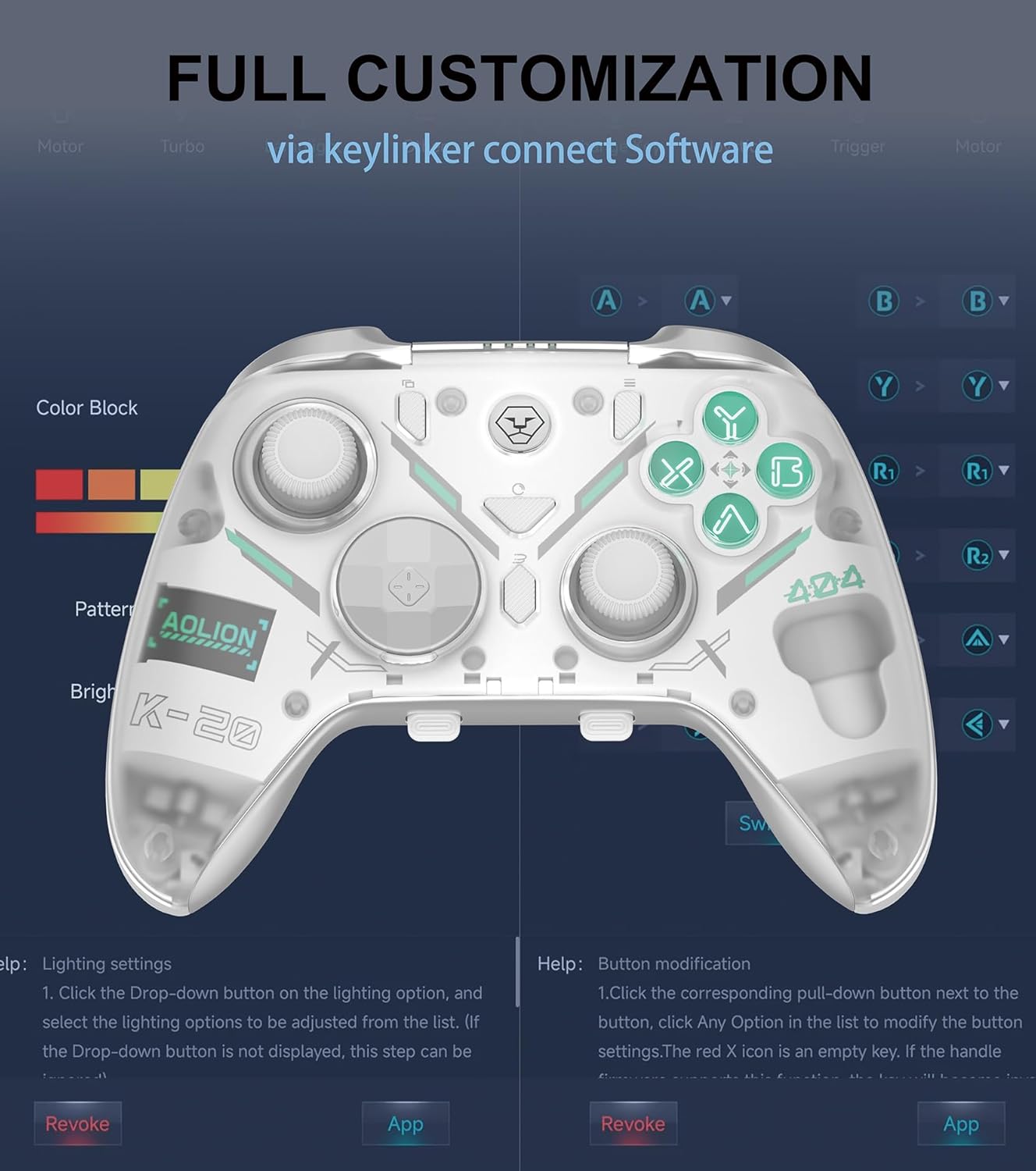 AOLION K-20 Wireless Bluetooth Controller with Hall Effect Joystick Triggers RGB Lighting, 1000mAh Adjustable Multi-Platform Gamepad for PC Switch Android iOS White - Consoles Does not support XBOX PS
