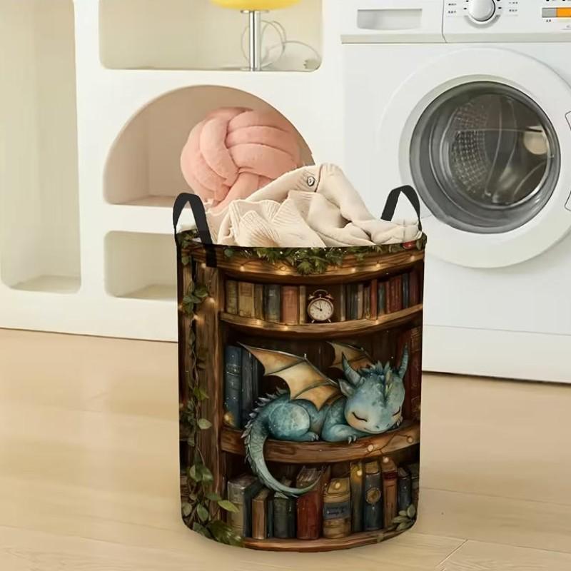 1pc Round Laundry Basket, Cozy Bookshelf Dragon Pattern, Spacious Laundry Basket, Collapsible Laundry Basket Easy Storage, Durable Polyester Material, Dorm And Laundry Room Storage, Versatile Storage Solution, Laundry Baskets, Shelf Baskets