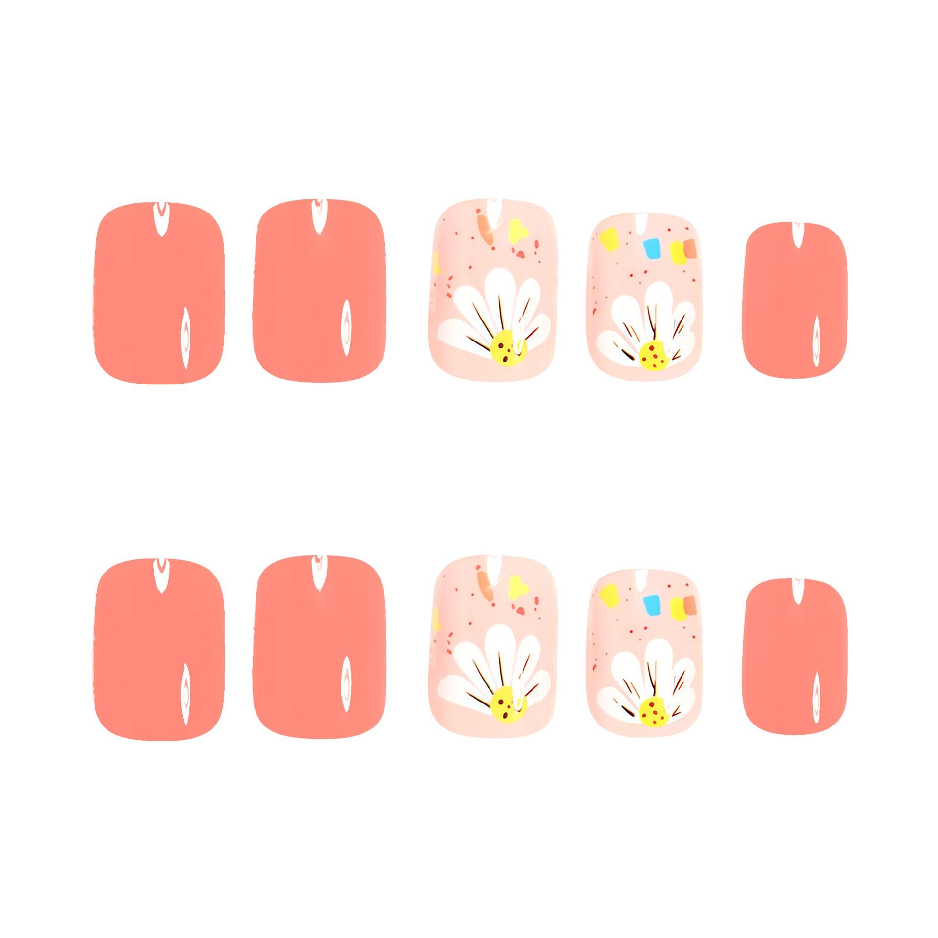 24pcs Short Square Shape Nail Art Set, Nail Art Supplies, Nail Art Designs, Elegant Sunflower Design Dot Stripe French False Nails, Spring Summer Fashion Removable Press-On Manicure Kit