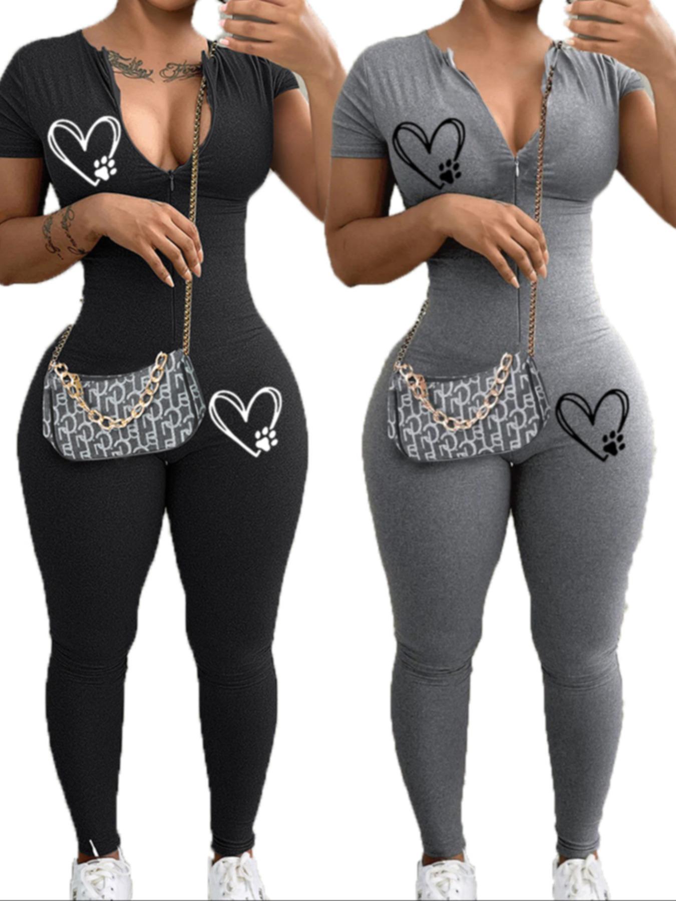 Women's Heart Print Short Sleeve Jumpsuit, Casual Comfy Bodycon Jumpsuit for Summer, Fashion Women's Clothes for Daily Wear