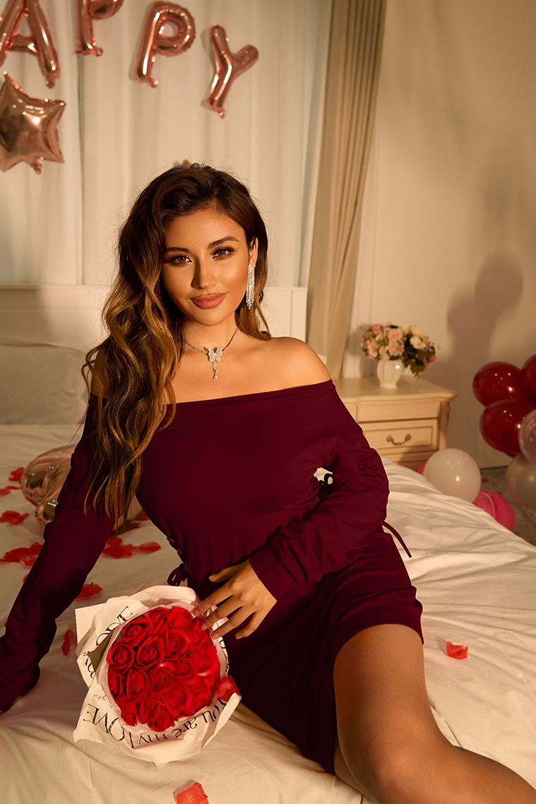 OYV Women's Sexy Off Shoulder Long Sleeve Lace Up Loose Club Mini Dress