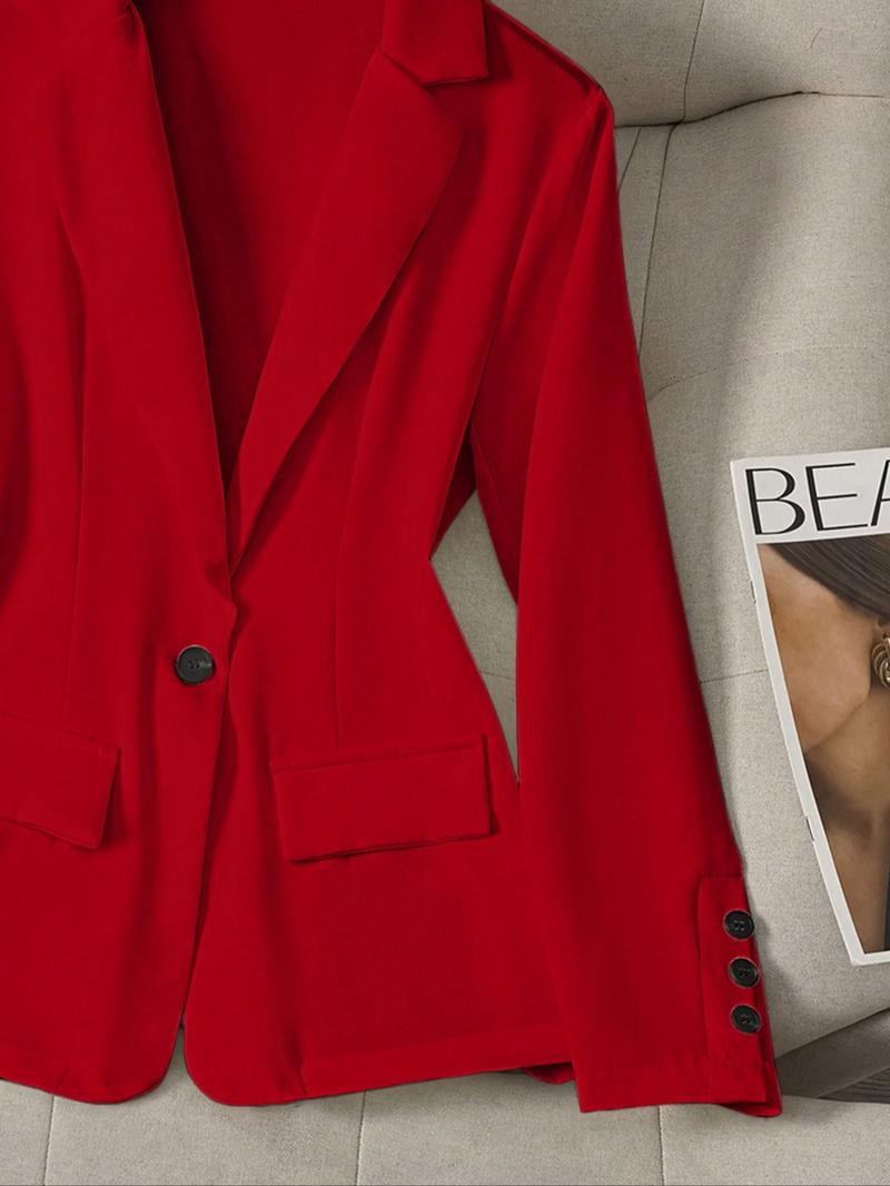 Women's Spring & Fall Solid Color Lapel Long Sleeve Single Button Casual Commuter Blazer Jacket, Fitted Plain Design