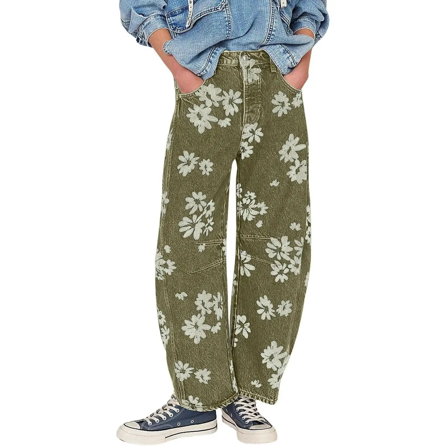 Women's Y2K Distressed Barrel Baggy Wide Leg Floral Printed Boyfriend Patchwork Denim Jeans(Gift)